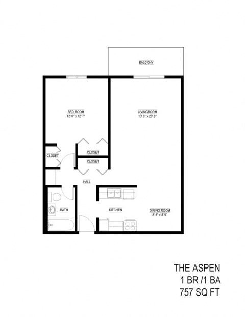 Floor plan for 1 bed, 1 bath, 757 sqft